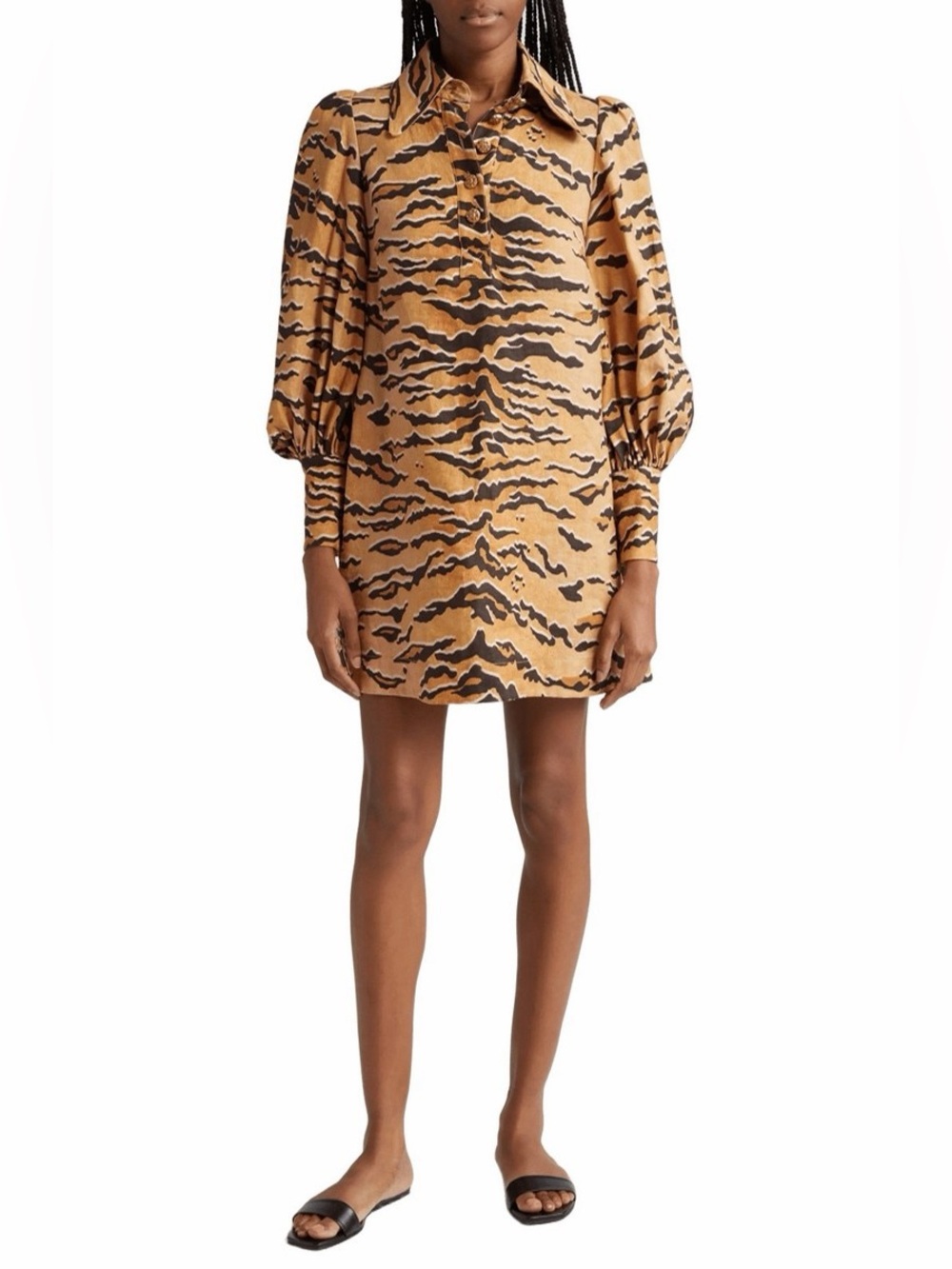 Zimmermann 100% Linen Tiger-Print Mini Dress in Tan and Black - Picture 1 of 12